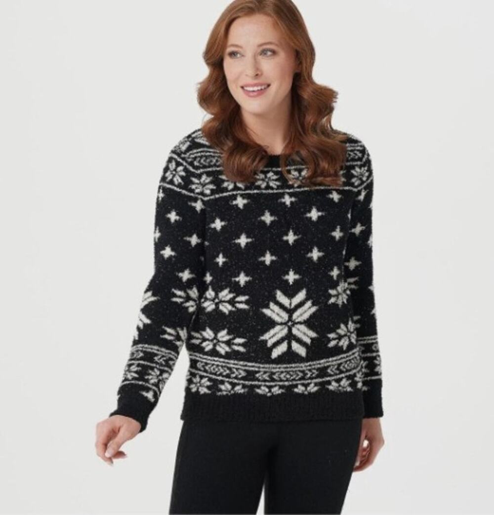 Barefoot Dreams Cozy Chic Seaside Pullover, FairIsle Black, Size Large New!